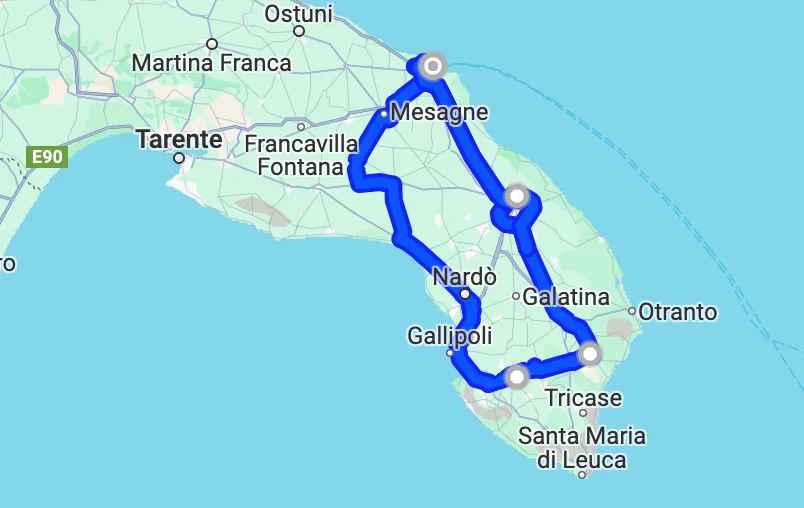 Route voor rondreis Zuid Puglia