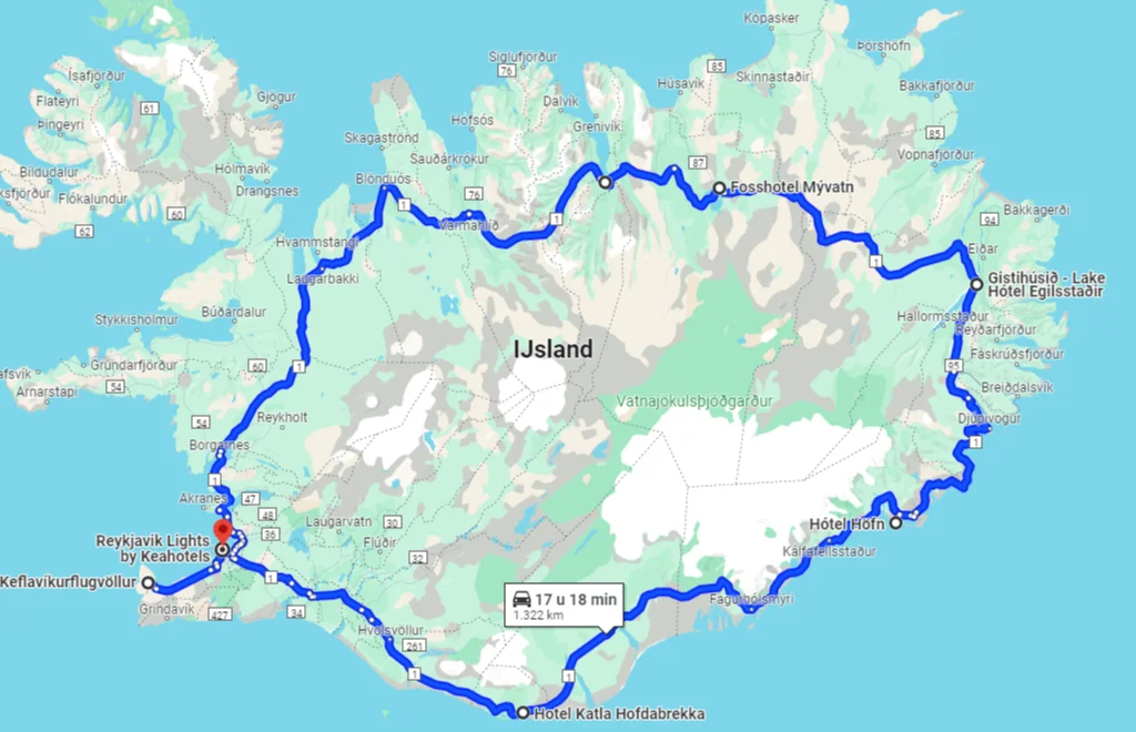Kaart route IJsland