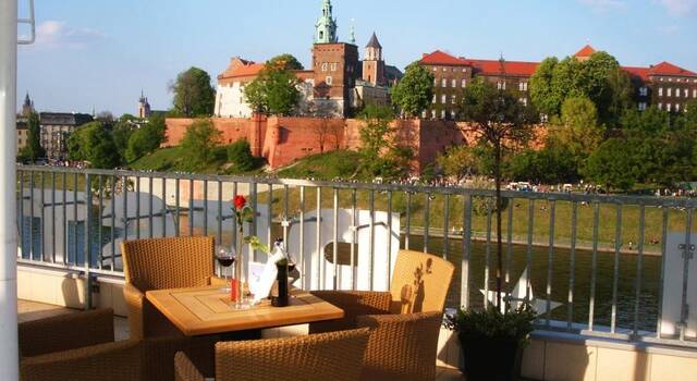 Uitzicht vanaf het terras van Hotel Poleski in Krakau